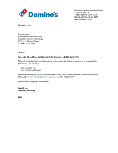 Thumbnail Domino's Pizza Enterprises (Australia) Annual Report 2025