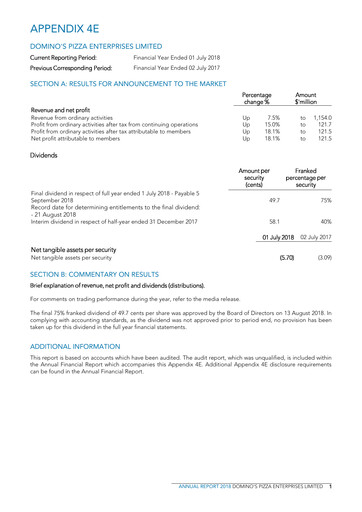 Thumbnail Domino's Pizza Enterprises (Australia) Financial Report 2018