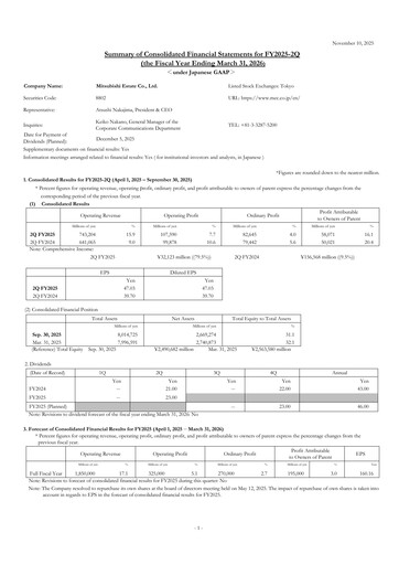 Miniature Mitsubishi Estate Rapport semestriel 2025-h1