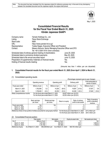 Miniature Yamato Holdings Rapport financier fy2025