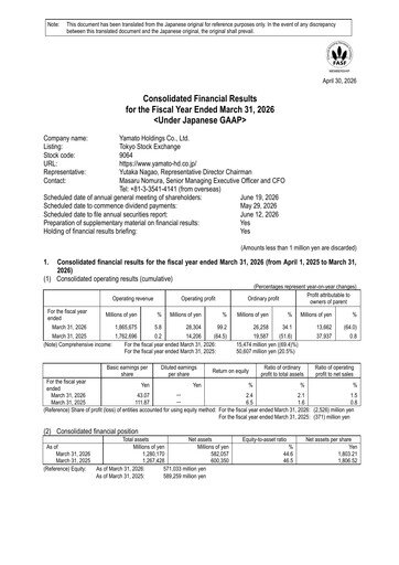 Miniature Yamato Holdings Rapport financier fy2026