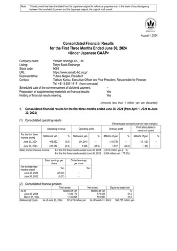 Thumbnail Yamato Holdings Quarterly Report 2025-q1