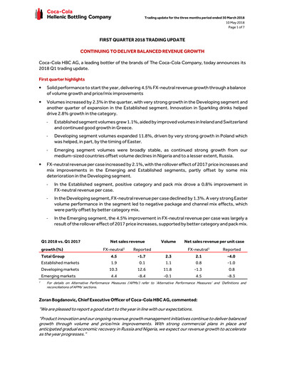 Thumbnail Coca-Cola HBC Quarterly Report 2018-q1
