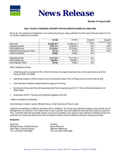 Thumbnail Bunzl Half-year Report 2009
