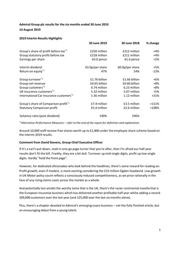 Thumbnail Admiral Group Half-year Report 2019-h1