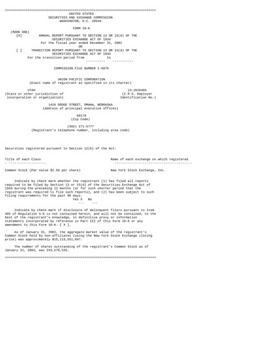 Thumbnail Union Pacific Corporation Annual Report 2001