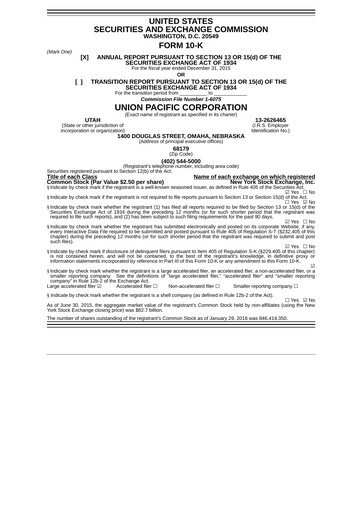 Thumbnail Union Pacific Corporation Annual Report 2015