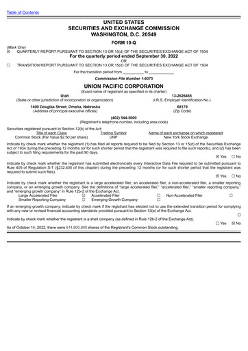 Thumbnail Union Pacific Corporation Quarterly Report 2022-q3