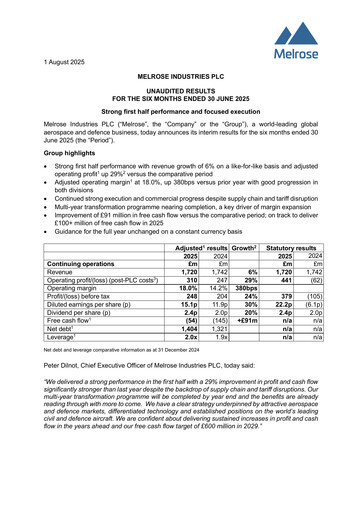 Thumbnail Melrose Industries Half-year Report 2025-h1