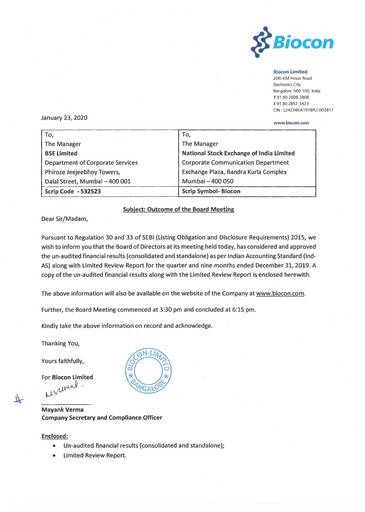 Miniature Biocon Rapport trimestriel 2019-q3