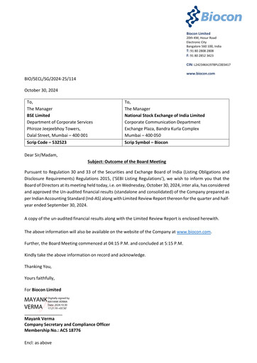 Miniature Biocon Rapport trimestriel 2024-q2
