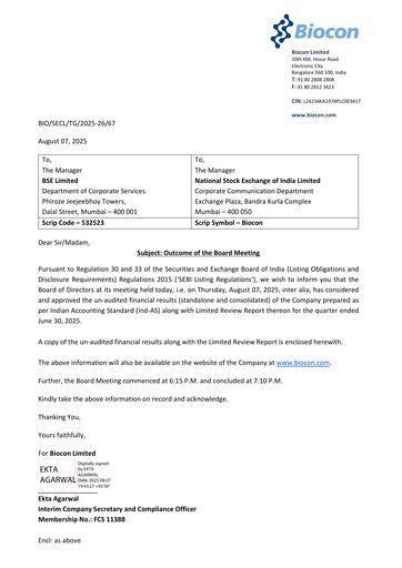 Miniature Biocon Rapport trimestriel 2025-q1