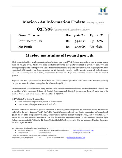 Thumbnail Marico
 Quarterly Report 2007-q3