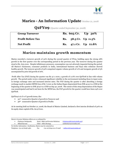 Thumbnail Marico
 Quarterly Report 2008-q2