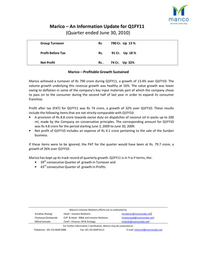 Thumbnail Marico
 Quarterly Report 2010-q1