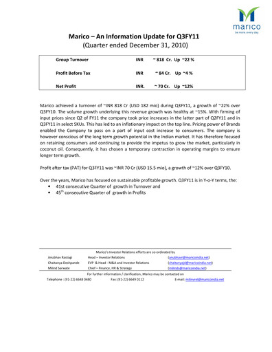 Thumbnail Marico
 Quarterly Report 2010-q3