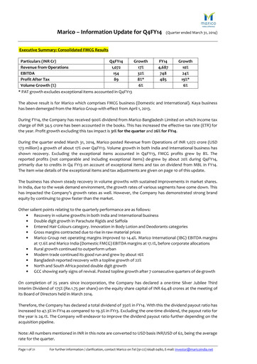 Thumbnail Marico
 Quarterly Report 2014-q4