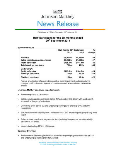 Thumbnail Johnson Matthey Half-year Report 2011-h1