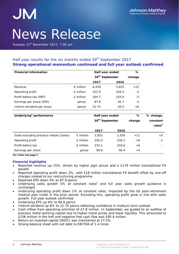 Thumbnail Johnson Matthey Half-year Report 2017-h1