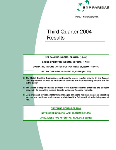 Vorschaubild BNP Paribas Quartalsbericht 2004-q3