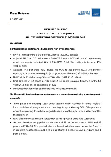 Thumbnail Unite Group (Unite Students) Financial Report 2013