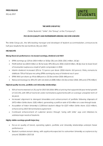 Thumbnail Unite Group (Unite Students) Half-year Report 2017-h1