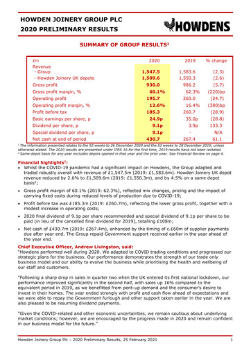 Miniature Howden Joinery Rapport financier 2020