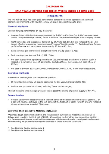 Miniature Howden Joinery Rapport semestriel 2008-h1