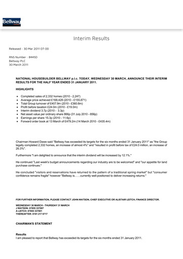 Thumbnail Bellway Half-year Report 2011-h1
