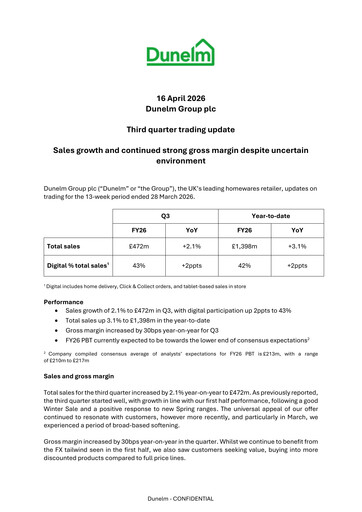 Thumbnail Dunelm Group Quarterly Report 2026-q3