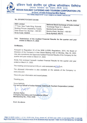 Thumbnail Indian Railway Catering & Tourism Financial Statement 2021-2022