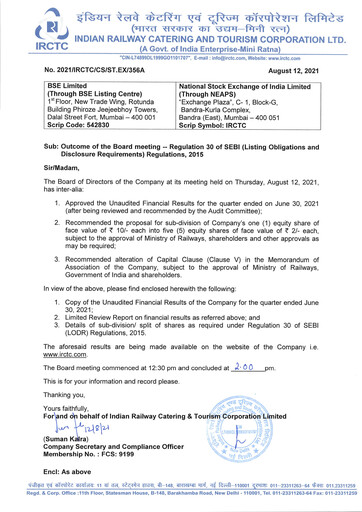 Thumbnail Indian Railway Catering & Tourism Quarterly Report 2021-q1