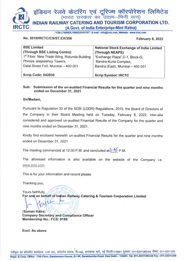 Thumbnail Indian Railway Catering & Tourism Quarterly Report 2021-q3