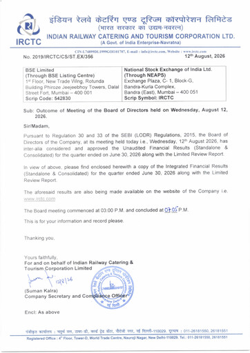Thumbnail Indian Railway Catering & Tourism Quarterly Report 2026-q1