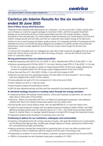 Thumbnail Centrica Half-year Report 2023-h1