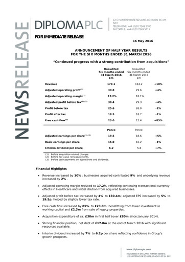 Miniature Diploma plc Rapport semestriel 2016-h1