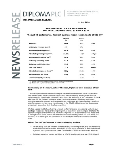 Miniature Diploma plc Rapport semestriel 2020-h1