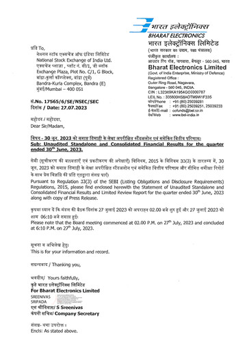 Thumbnail Bharat Electronics
 Quarterly Report 2023-q1