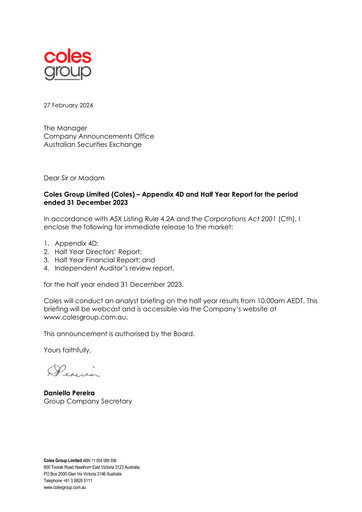 Thumbnail Coles Group
 Half-year Report 2024-h1