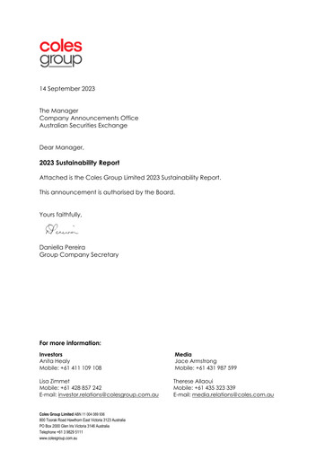 Thumbnail Coles Group
 Sustainability Report 2023