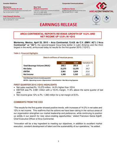 Thumbnail Arca Continental Quarterly Report 2015-q1