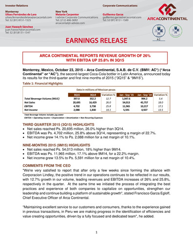 Thumbnail Arca Continental Quarterly Report 2015-q3