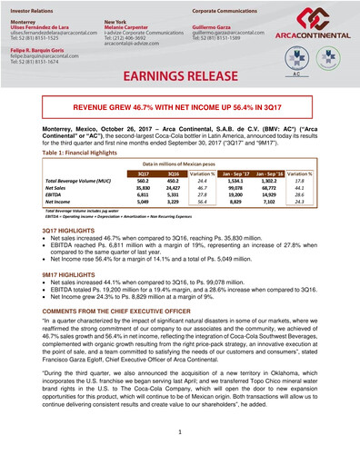 Thumbnail Arca Continental Quarterly Report 2017-q3