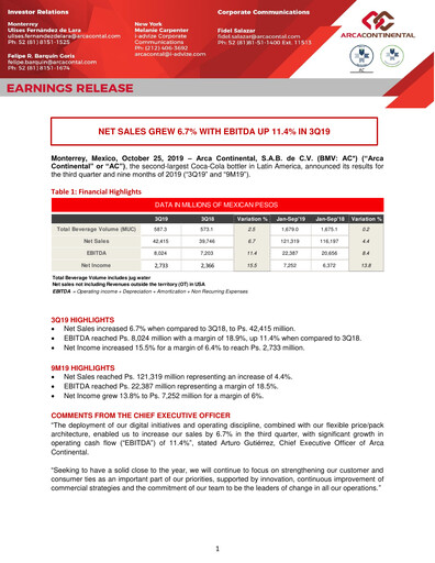 Thumbnail Arca Continental Quarterly Report 2019-q3
