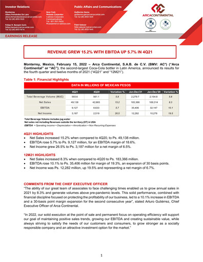 Thumbnail Arca Continental Quarterly Report 2021-q4