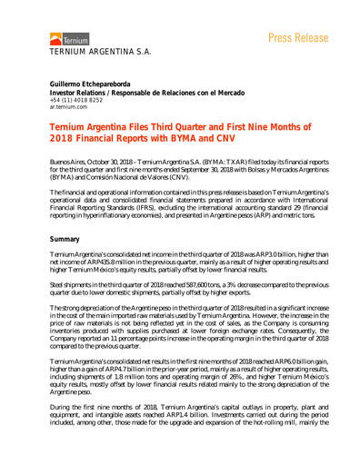 Thumbnail Ternium Argentina Quarterly Report 2018-q3