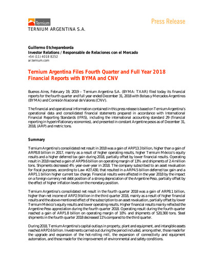 Thumbnail Ternium Argentina Quarterly Report 2018-q4