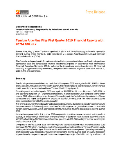 Thumbnail Ternium Argentina Quarterly Report 2019-q1