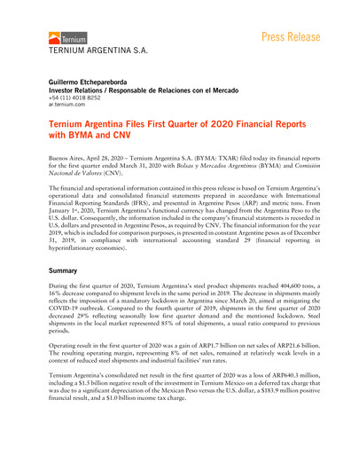 Thumbnail Ternium Argentina Quarterly Report 2020-q1