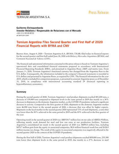 Thumbnail Ternium Argentina Quarterly Report 2020-q2